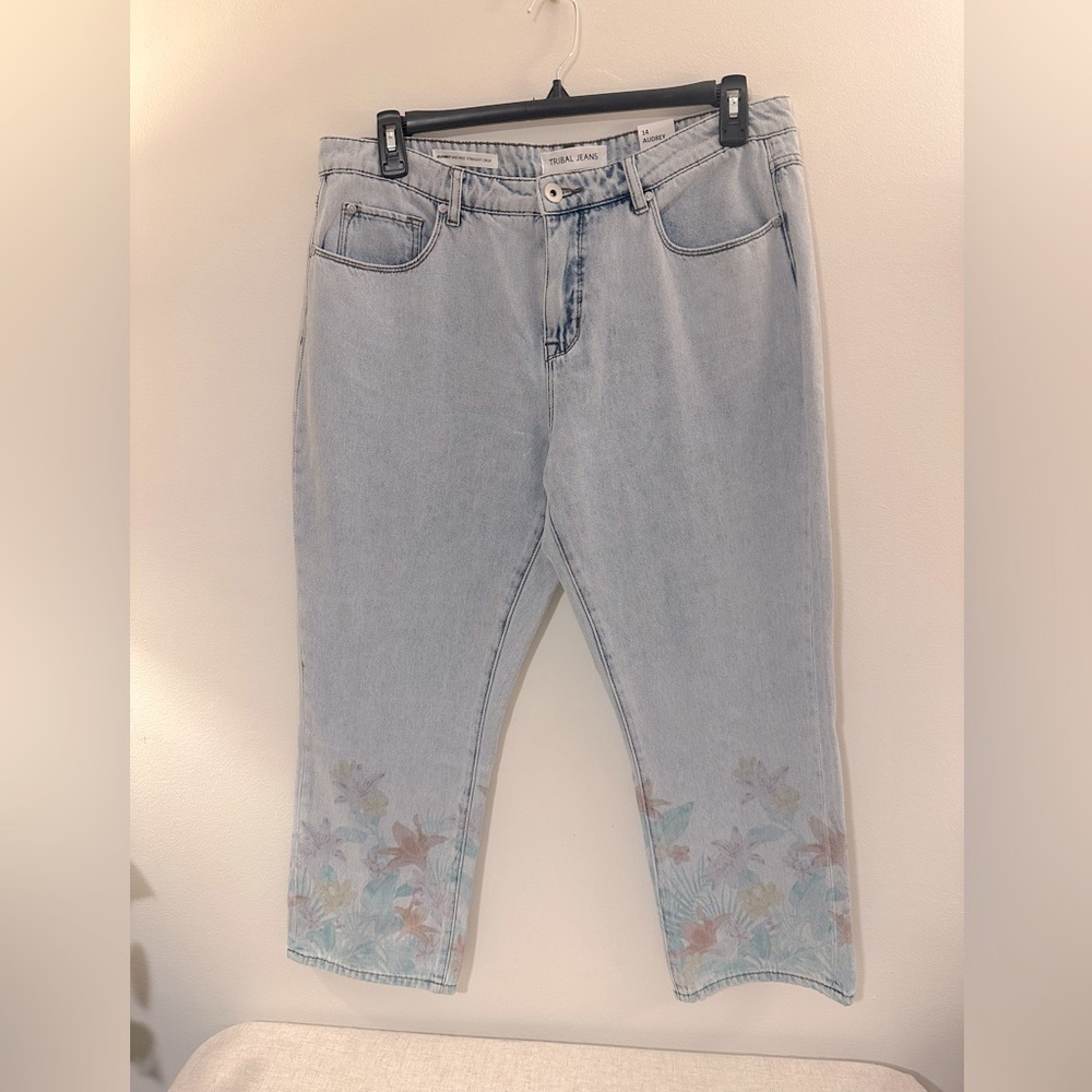 Tribal Jeans Watercolor Audrey Mid-rise Straight Crop Size 14